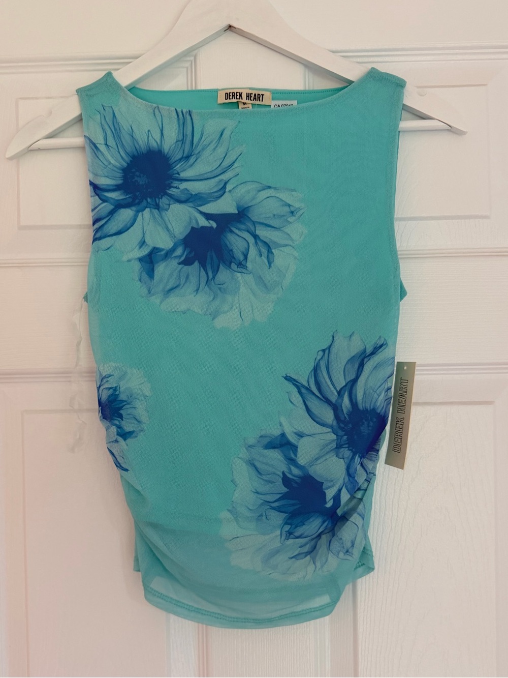 Derek Heart Y2K Aqua Blue Floral Mesh Ruched Tank Top M NWT